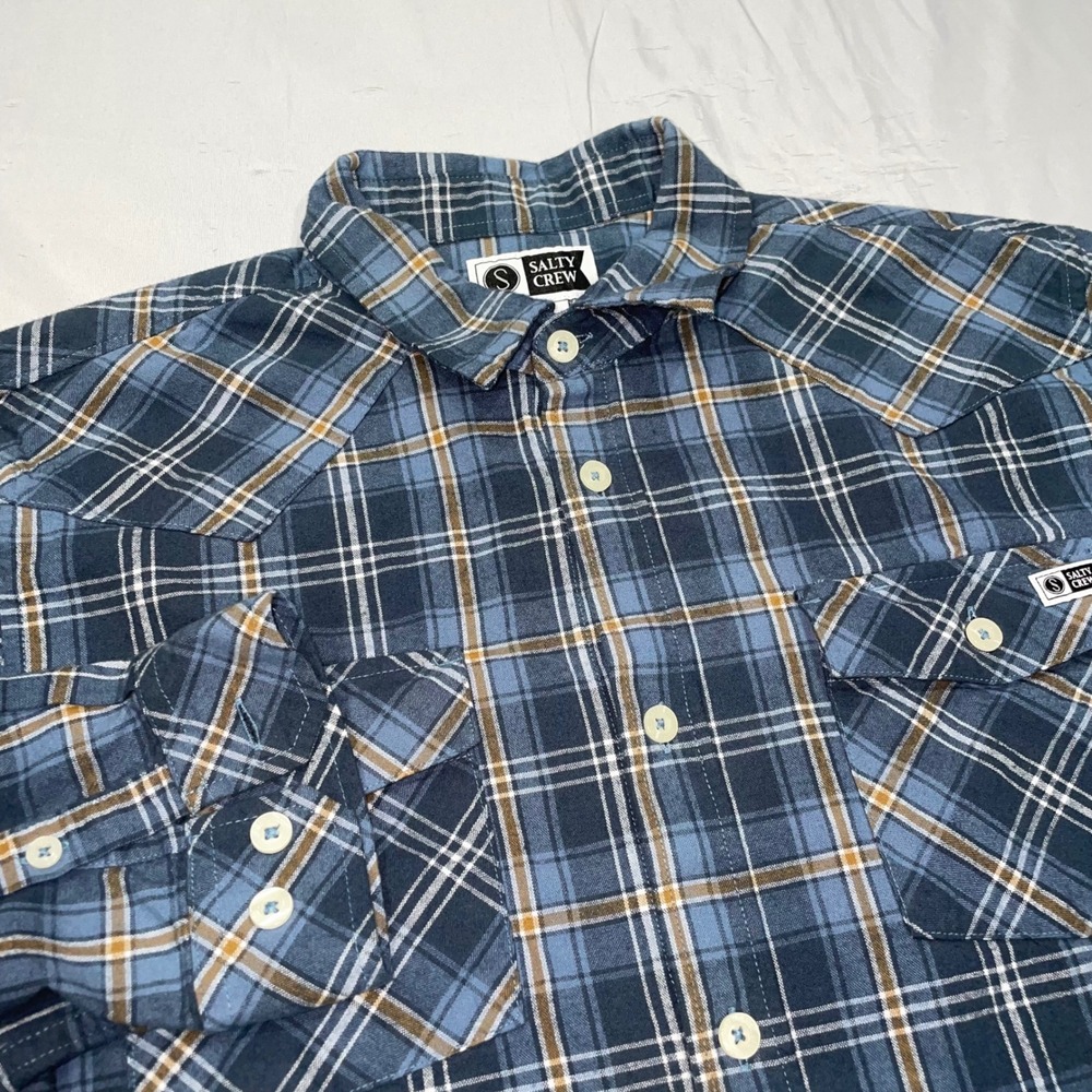 Salty Crew Mens Flannel Shirt Large Blue Brown Plaid Western Yoke Long Sleeve